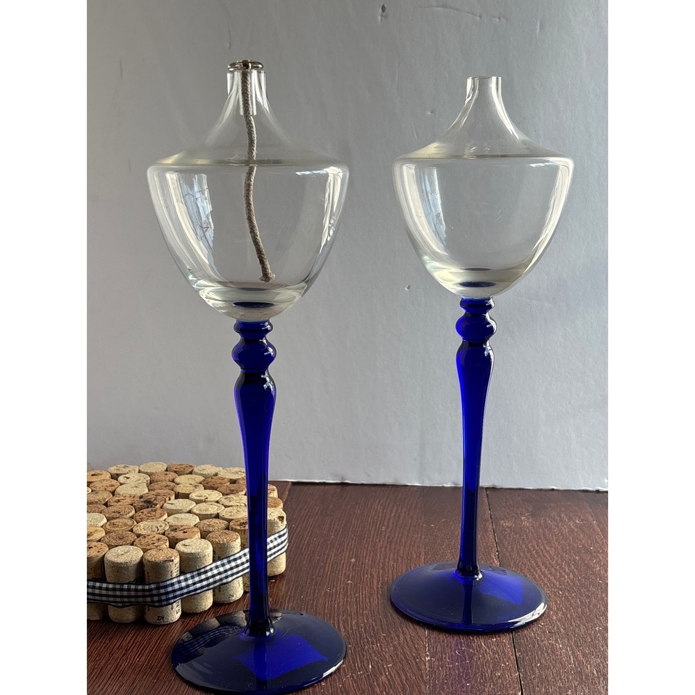 Vintage Hand Blown Glass Oil Lamp Pair Cobalt Blue Stem Made in Poland 12 Inch